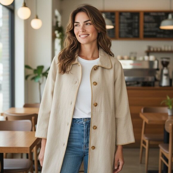 Doncaster Women's Classic Beige Linen Blend Button-Up Coat with Leather Trim -S - Picture 3 of 10